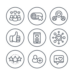 Likes, followers, hearts, rating line icons in circles over white
