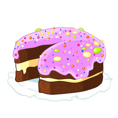 Cartoon icon incised chocolate cake with blueberry frosting and sprinkles.