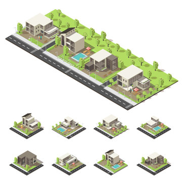 Isometric Suburban Buildings Composition