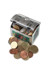 Metal chest and gold coins on white background
