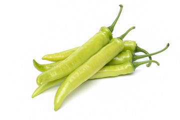 Close up green chili pepper on white background isolated.