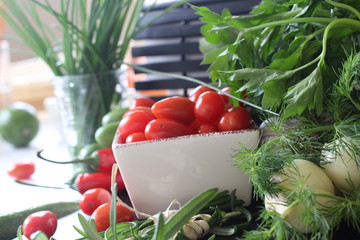 fresh vegetables and herbs, oregano, sage, chive, parsley, dill, onion, cucumber, green vegetables,...