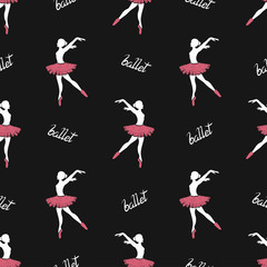 Ballet dancers seamless pattern. Vector black background with ballerinas.