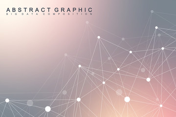 Geometric scientific background molecule and communication. Big data complex with compounds. Perspective graphic backdrop. Digital data visualization. Minimalistic chaotic design, vector illustration.