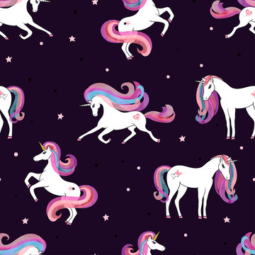 Seamless pattern with beautiful unicorns. Vector magic background for kids design. 