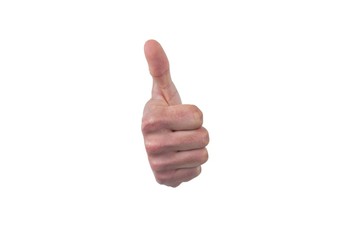 Hand showing thumb up against white background