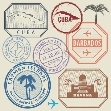 Travel stamps set Caribbean Sea theme