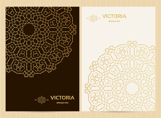 A4 format cards decorated with mandala in golden colors.Vector islamic template for restaurant menu, flyer, greeting card, brochure, book cover and any other decoration.