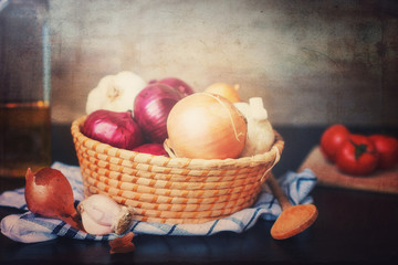 Still life with basket of onions