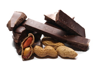 chocolate bars with peanuts isolated on white background
