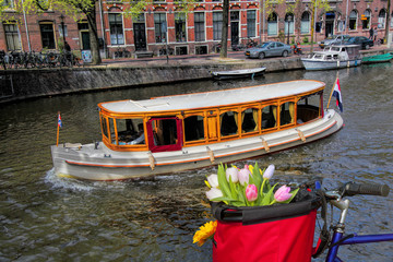 Famous Amsterdam with basket of colorful tulips against boat in Holland