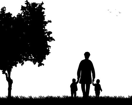 Grandmother walking with grandchildren in park, one in the series of similar images silhouette
