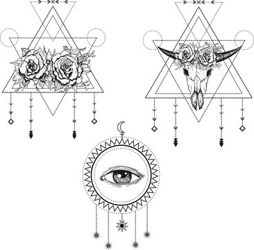 All-seeing eye symbol. Sacred geometry, third eye, buffalo skull, roses. Tattoo design, mystic symbol. Boho hipster design.