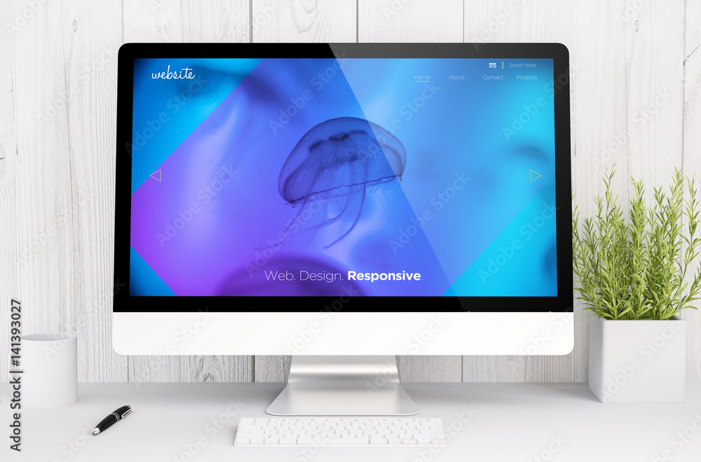 Poster white workspace with computer website design