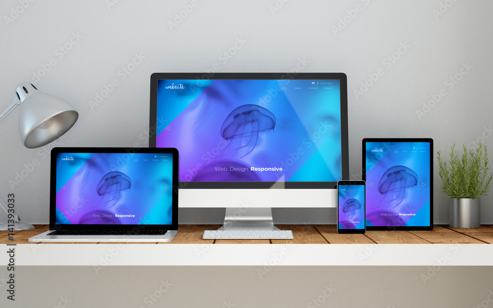Sticker workplace with underwater responsive website on devices