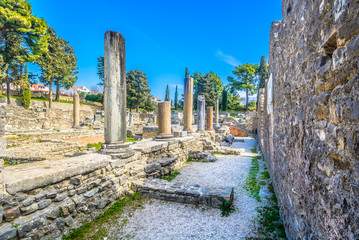 Salina old roman ruins. / Scenic view at old ruins of ancient roman city Salona in suburb of town Split, Croatia. - obrazy, fototapety, plakaty
