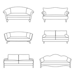 A set of outline sofa isolated on white background. Couch icon design. Vector illustration. 