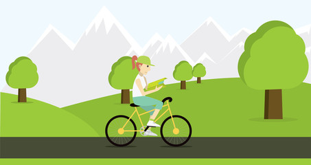 Young woman riding on bicycle with map.