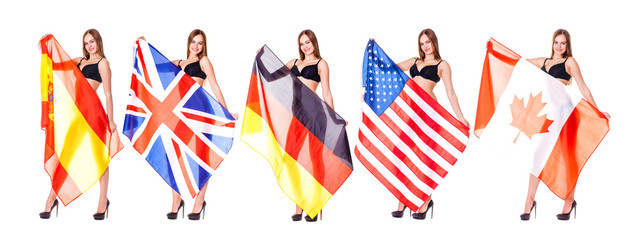 Collage young beautiful brunette woman holding a large flag of Spanish, Britain, Germany, American, Canada isolated on white background
