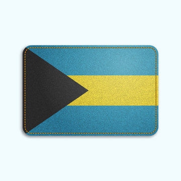 National flag of Bahamas with denim texture and orange seam. Realistic image of a tissue made in vector illustration.