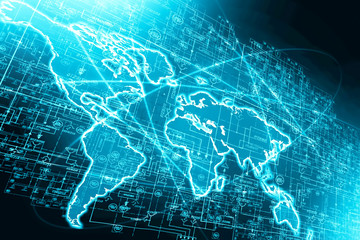 World map on a technological background, glowing lines symbols of the Internet, radio, television, mobile and satellite communications.