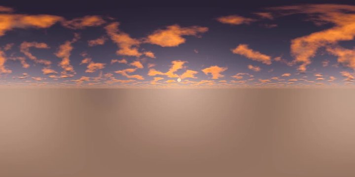 360VR Video. Panoramic sky and clouds at sunset. Time lapse, loop able.