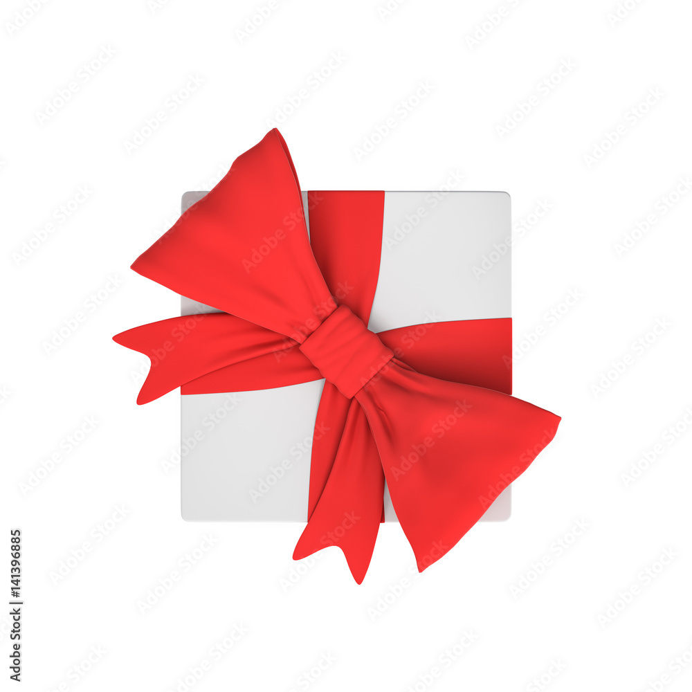Poster 3d rendering of a white gift box tied with a red bow on white background in top view