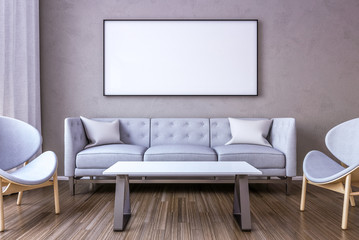 White picture frame on the wall in the living room. 3D render.