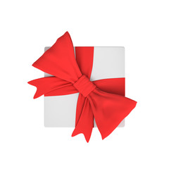 3d rendering of a white gift box tied with a red bow on white background in top view