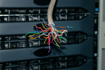 Stranded cable internet background computer servers in a server room
