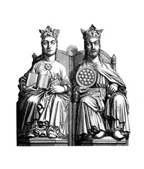 Statue of Otto I the Great Holy Roman Emperor and king of Germany on the royal throne with wife Edith of England, Magdeburg cathedral, X century  
