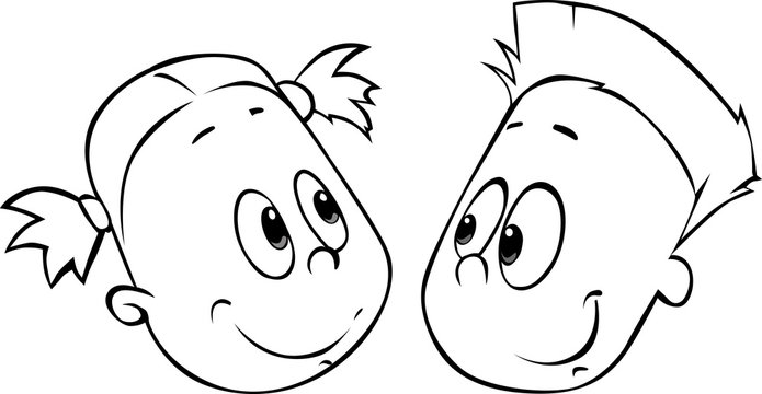Children Boy And Girl Head Vector Cartoon Illustration Black Outline Stock Vector Adobe Stock