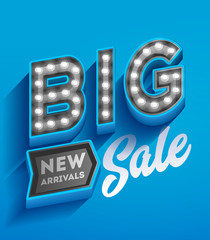 Big sale sign. Retro light signboard banner with glowing bulbs
