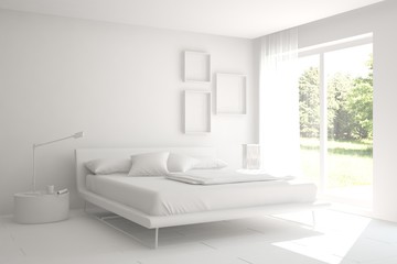 Fototapeta na wymiar White modern bedroom with green landscape in window. Scandinavian interior design. 3D illustration