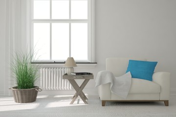 White room with armchair. Scandinavian interior design. 3D illustration