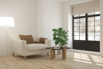 White room with armchair and winter landscape in window. Scandinavian interior design. 3D illustration