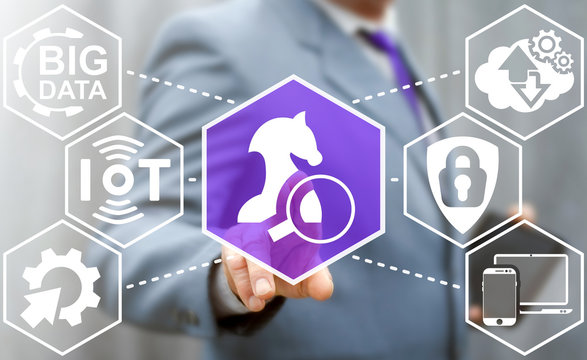 Concept strategy IT integration in business . Search tactics introduction IoT, Cloud, Big Data, Computing, web technology. Man touched Horse Magnifier icon on virtual screen.