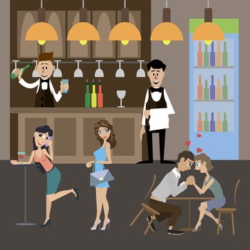 visitors relax at the bar. the bartender and waiter serving customers. vector illustration