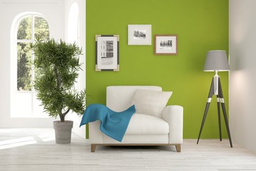 White room with armchair and green landscape in window. Scandinavian interior design. 3D illustration