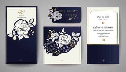 Set of Wedding Floral Invitation. Template for laser cutting. Vector illustration. - 141400486
