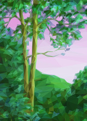 Landscape, Summer Forest with Green Trees, Low Poly. Vector