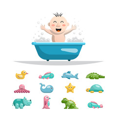 the child playing with the bath toys for bathing