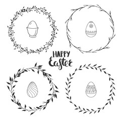 Hand drawn floral wreaths isolated on white. Vector spring wreaths and ornamental eggs for Easter.
