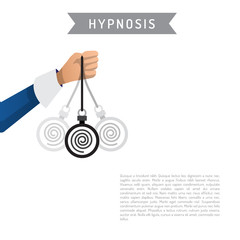 Vector illustration of hand with the swinging of the pendulum introducing man into hypnosis, drawn in a flat cartoon style. The concept of immersion in hypnosis