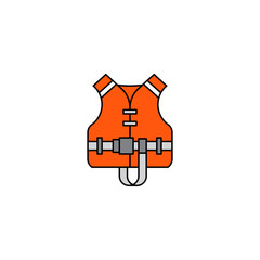 Flat vector icon life jacket in cartoon style isolated on white background. Orange rescue life jacket equipment