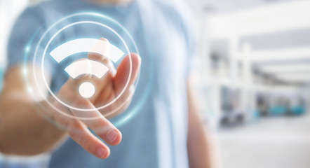 Businessman using free wifi hotspot interface 3D rendering