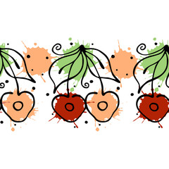 Vector fruits seamless pattern. Decorative border Orange with leaves, decorative elements, blots, drops, splash Hand drawn contour lines and strokes Doodle sketch style, graphic drawing illustration