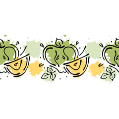 Vector fruits seamless pattern. Decorative border Orange with leaves, decorative elements, blots, drops, splash Hand drawn contour lines and strokes Doodle sketch style, graphic drawing illustration