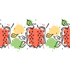 Vector fruits seamless pattern. Decorative border Orange with leaves, decorative elements, blots, drops, splash Hand drawn contour lines and strokes Doodle sketch style, graphic drawing illustration