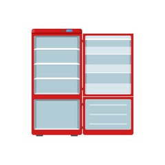 Red household appliances fridge open isolated on white background. Electronic device refrigerator. Home appliance freezer vector illustration.